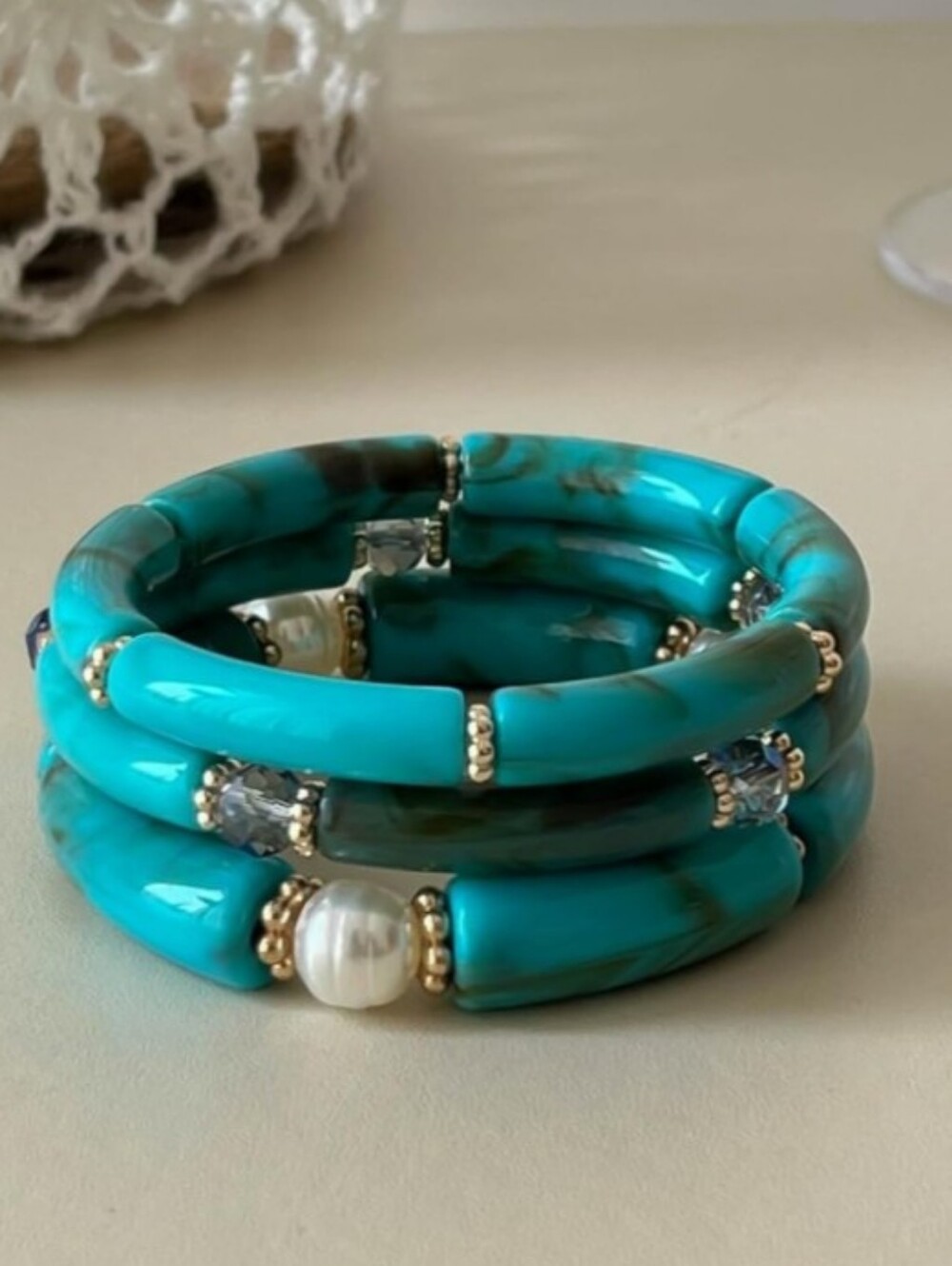 ​3Pc Acrylic Stretch Bracelet Stack Marbled Turquoise Teal Pearl Tube Bangle Set